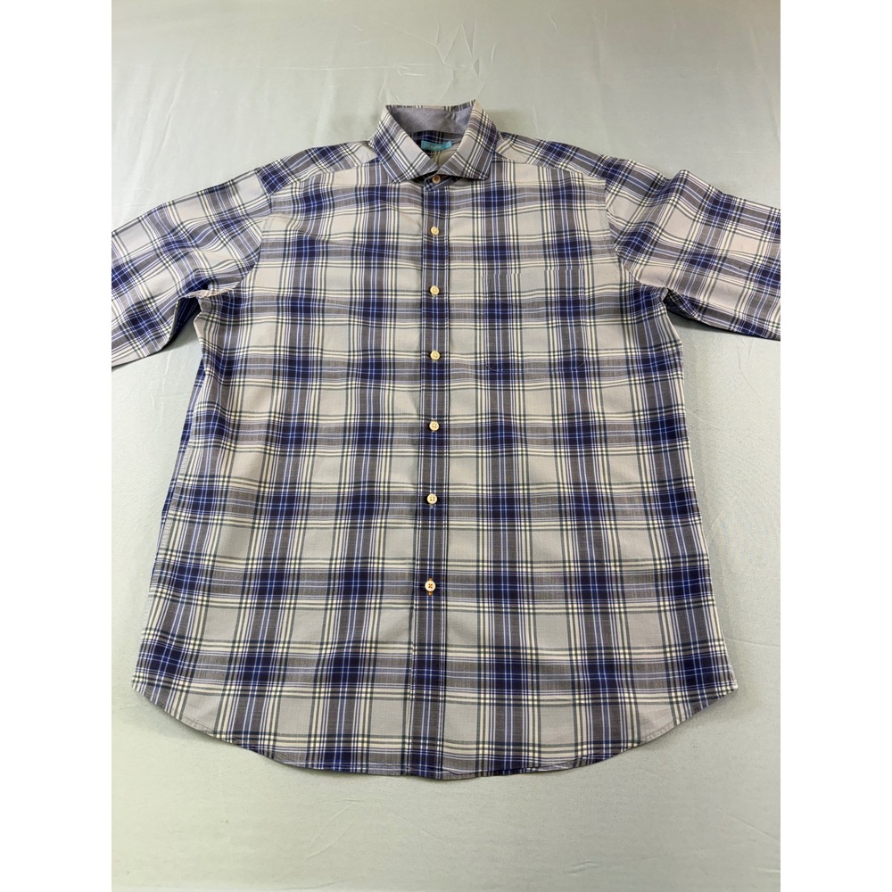 J. McLaughlin Mens‎ Blue Grey Plaid Button Down Shirt Large 100% Cotton RN159236